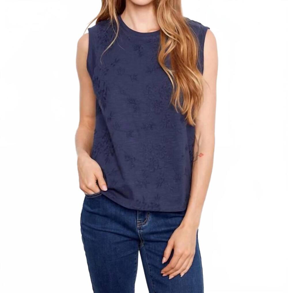NEW CHARLIE B embroidered sleeveless cotton top in navy
